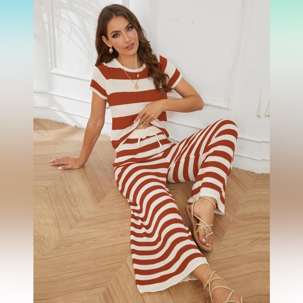 Striped 2 Piece Sweater Outfit Top w/ High Waisted Wide Leg Pants Lounge Set - Picture 5 of 5